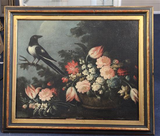 18th Century Neapolitan School Still life of mixed flowers and a magpie 23 x 28in.